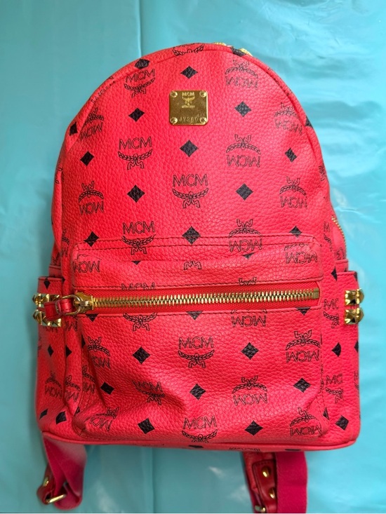 MCM Handbags - MCM Red Logo-Print Leather Backpack with Gold Hardware